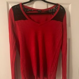 Torrid size 00.  Red scoop neck sweater with black lace.